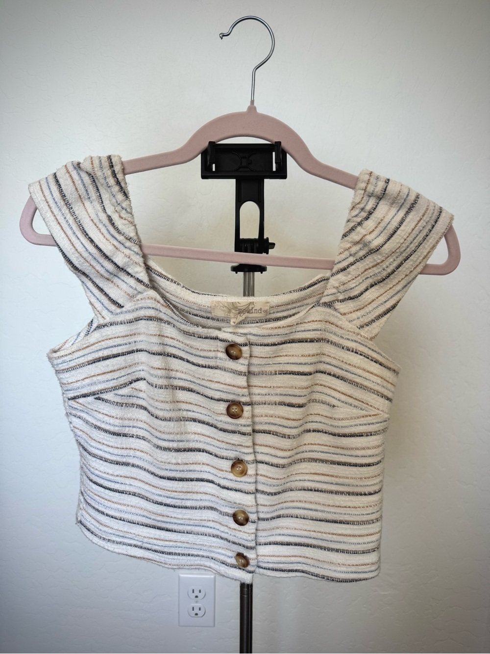 Striped Ivory Button-Front Crop Top - Unbranded